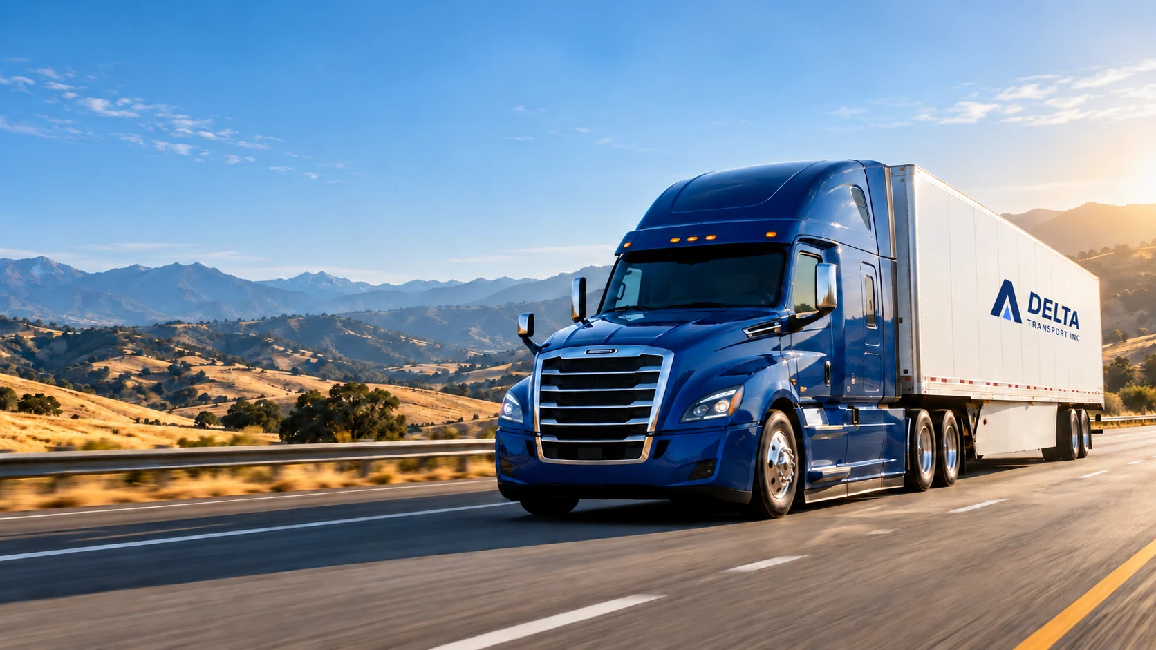 Representative blue semi truck on an open highway